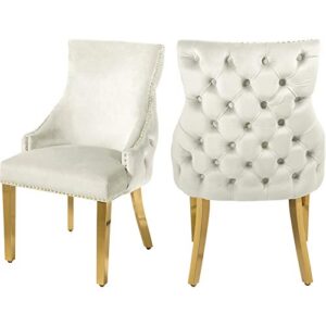 meridian furniture collection modern | contemporary velvet upholstered dining chair with tufted back and gold sturdy stainless steel legs, set of 2, 24" w x 25.5" d x 37.5" h, cream