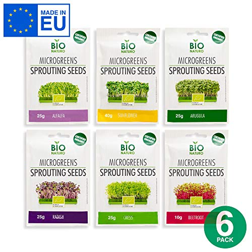 Microgreens Seeds Kit Organic NonGMO Heirloom - Seeds | 6-Pack (150g) Alfalfa, Arugula, Beetroot, Cress, Radish, Sunflower | Indoor Planting and Sprouting