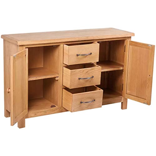 BNLD Sideboard,Kitchen Cabinet Kitchen,with 3 Drawers,Solid Oak Wood,43.3"X13.2"X27.6",Brown3 Drawers and 2 Cupboards,Smooth Running Drawers with Handles,Easy Assembly