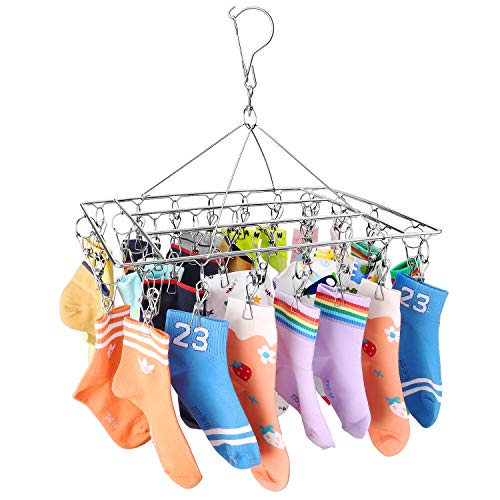 Stainless Steel Sock Drying Rack with 36 Clips, Swivel Hook Wind-Proof Clothes Hanger Rack for Sock, Bras, Underwear, Laundry Accessories