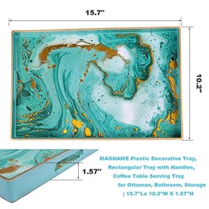 MAONAME Turquoise Serving Tray with Handles, Plastic Decorative Tray for Coffee Table, Marbling Rectangular Tray for Bathroom, Ottoman, Storage, 15.7" Lx 10.2" W X 1.57" H