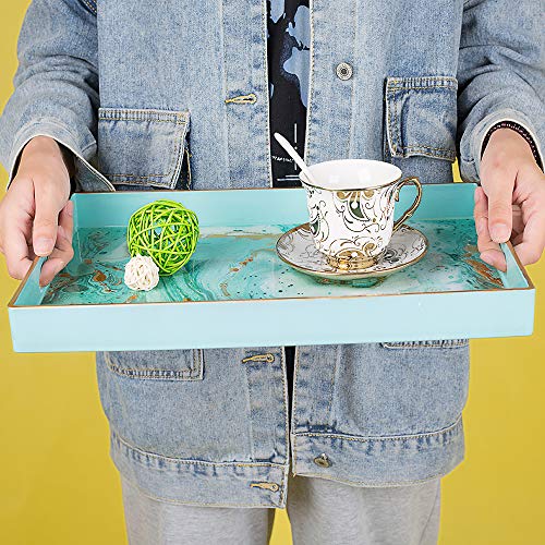 MAONAME Turquoise Serving Tray with Handles, Plastic Decorative Tray for Coffee Table, Marbling Rectangular Tray for Bathroom, Ottoman, Storage, 15.7" Lx 10.2" W X 1.57" H