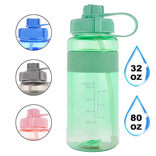 GTI 32 oz Water Bottle with Straw, BPA Free Leak Proof Wide Mouth Portable Sports Water Jugs for Fitness And Outdoor Enthusiasts, Plastic Drink Water Bottle with Scale Strap - Green