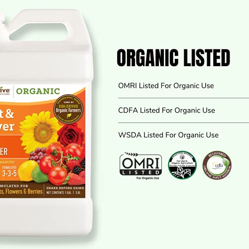 AgroThrive Fruit and Flower Organic Liquid Fertilizer - 3-3-5 NPK (ATFF1320) (2.5 Gal) for Fruits, Flowers, Vegetables, Greenhouses and Herbs