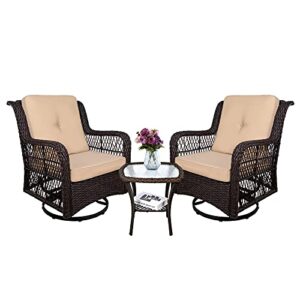 meetwarm 3-piece patio wicker conversation bistro set cushioned, outdoor swivel rocking chairs rattan furniture sets with thickened cushion and glass-top coffee table (beige)