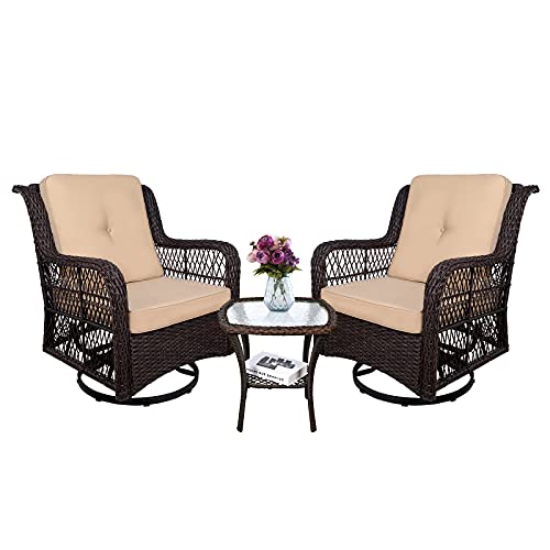 MEETWARM 3-Piece Patio Wicker Conversation Bistro Set Cushioned, Outdoor Swivel Rocking Chairs Rattan Furniture Sets with Thickened Cushion and Glass-Top Coffee Table (Beige)