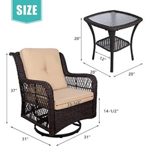 MEETWARM 3-Piece Patio Wicker Conversation Bistro Set Cushioned, Outdoor Swivel Rocking Chairs Rattan Furniture Sets with Thickened Cushion and Glass-Top Coffee Table (Beige)