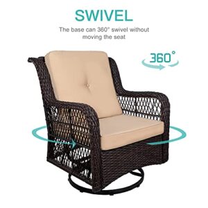 MEETWARM 3-Piece Patio Wicker Conversation Bistro Set Cushioned, Outdoor Swivel Rocking Chairs Rattan Furniture Sets with Thickened Cushion and Glass-Top Coffee Table (Beige)