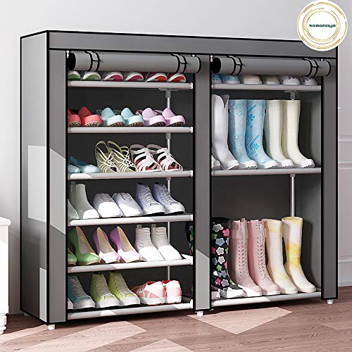 9 Tier Shoe Rack,Double Rows 9 Lattices Large Free Standing Shoe Racks,Shoe Storage Organizer Cabinet with Nonwoven Fabric Dustproof Cover,Space Saving Portable Closet Shoe Cabinet Tower (Gray)