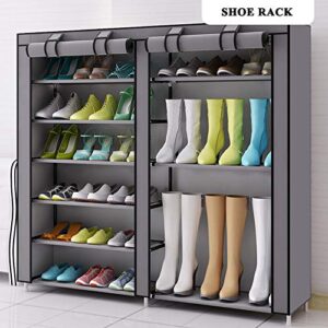 9 Tier Shoe Rack,Double Rows 9 Lattices Large Free Standing Shoe Racks,Shoe Storage Organizer Cabinet with Nonwoven Fabric Dustproof Cover,Space Saving Portable Closet Shoe Cabinet Tower (Gray)