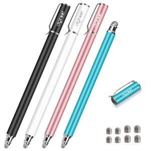 stylus pens for touch screens, digiroot upgraded high sensitivity 0.2" & 0.24" fiber tip stylus for all capacitive touch screen devices, 8 extra replaceable tips (4 pcs, black/white/blue/rose gold)…