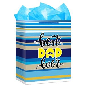 FaCraft Father's Day Gift Bag with Tissue Paper,13" Happy Fathers Day Wrapping Bag with Handle,Large Paper Gift Bag for Dad Father Men Grandpa Best Dad Ever Bags for Birthday Father's Day Party Favor