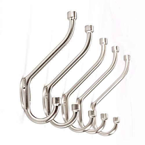 Wall Mounted Standard Decorative Heavy Duty Double Coat Hooks,5 Pack with Screws, Brushed Nickel by Ambipolar (6636-T310)