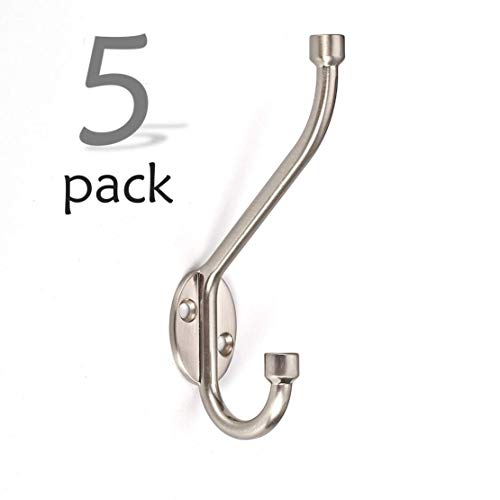 Wall Mounted Standard Decorative Heavy Duty Double Coat Hooks,5 Pack with Screws, Brushed Nickel by Ambipolar (6636-T310)