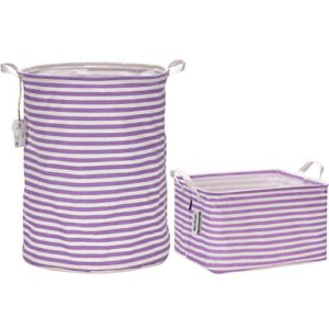 Sea Team 19.7-Inch Canvas Laundry Hamper and 16.5-Inch Canvas Storage Basket Bundle, Purple Stripe