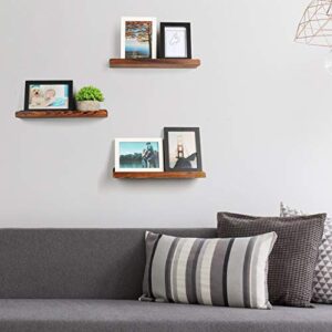 TJ.MOREE Picture Ledge Shelf Wall Mounted, Rustic Wood Photo Ledge Floating Shelves Set of 3, Floating Bookshelf Decor Vinyl Display for Living Room, Bedroom, Bathroom, Nursery - Carbonized Brown