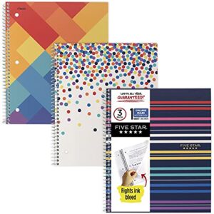 five star spiral notebooks, 1 subject, college ruled, 11" x 8-1/2", cute designs bright colors, 3 pack (51180)