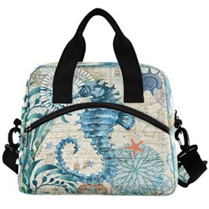 vintage nautical sea horse lunch box ocean starfish seashell lunch bag insulated freezable lunch tote kit thermal cooler for office picnic travel portable reusable handbag