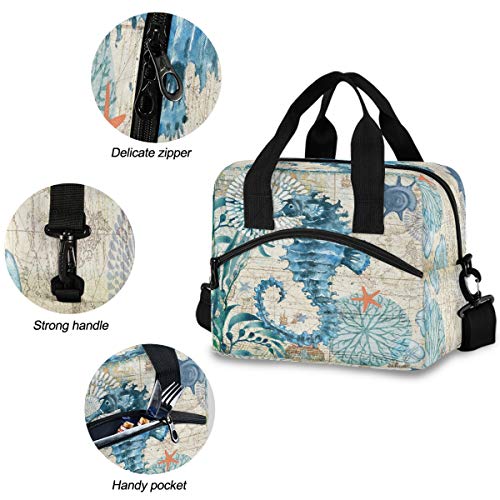 Vintage Nautical Sea Horse Lunch Box Ocean Starfish Seashell Lunch Bag Insulated Freezable Lunch Tote Kit Thermal Cooler for Office Picnic Travel Portable Reusable Handbag