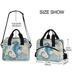 Vintage Nautical Sea Horse Lunch Box Ocean Starfish Seashell Lunch Bag Insulated Freezable Lunch Tote Kit Thermal Cooler for Office Picnic Travel Portable Reusable Handbag