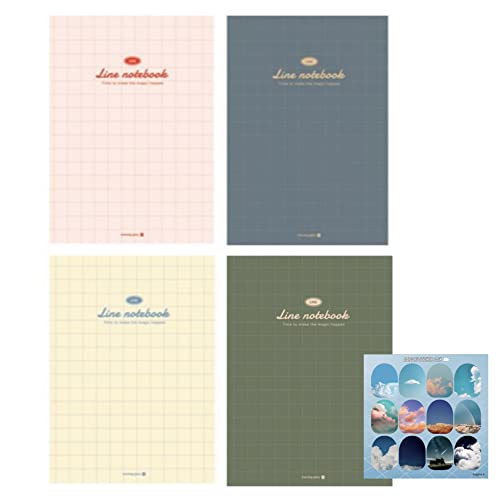 Cute Korean Aesthetic Illustrated Check Pattern Composition Planning Studying Notebook/Journal/Diary for girls, Women, College, School - 64p each, 7.3"x10.2", 4 Count