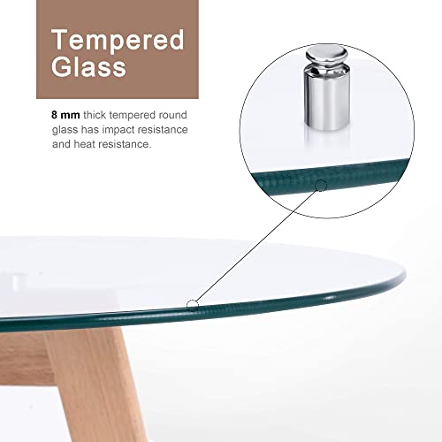Ivinta Round Glass Dining Table, Modern Leisure Table with Wood Legs for Kitchen Dining Room Living Room, Accent Table Small Tea Table for 2, Space Saving, 31.5 inch