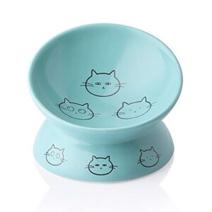 sweejar ceramic raised cat bowls, slanted cat dish food or water bowls, elevated porcelain pet feeder bowl protect cat's spine, stress free, backflow prevention (turquoise)