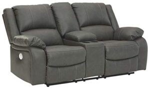 signature design by ashley calderwell faux leather power double reclining loveseat with storage console, gray