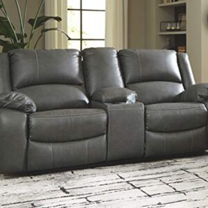 Signature Design by Ashley Calderwell Faux Leather Power Double Reclining Loveseat with Storage Console, Gray