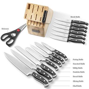 Professional 15-Piece German High Carbon Stainless Steel Kitchen Knife Set, Ocean Series Premium Forged Full Tang Chef Knives Set with Rubber Wood Block, Black