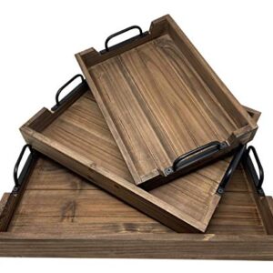 3 Piece Decorative Nested Vintage Wood Serving Tray Set For Coffee Table or Ottoman – Rustic Wooden Breakfast Trays For Kitchen, Dining Room, or Living Room – Farmhouse Platter w/Handles – Brown