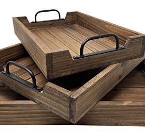 3 Piece Decorative Nested Vintage Wood Serving Tray Set For Coffee Table or Ottoman – Rustic Wooden Breakfast Trays For Kitchen, Dining Room, or Living Room – Farmhouse Platter w/Handles – Brown