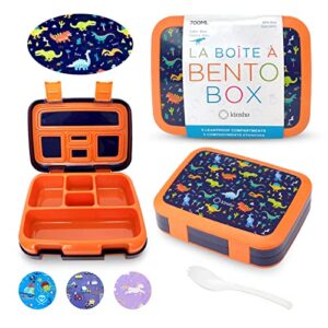 dinosaur bento lunch box for boys toddlers, 5 portion sections secure lid, microwave safe bpa free removable plastic tray, pre-school kid daycare lunches snack container ages 3 to 7 blue orange