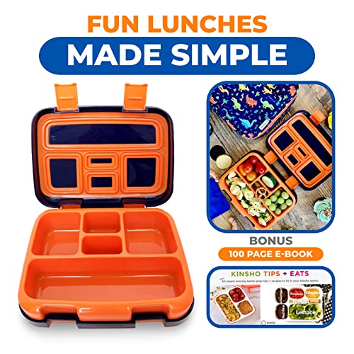 Dinosaur Bento Lunch Box for Boys Toddlers, 5 Portion Sections Secure Lid, Microwave Safe BPA Free Removable Plastic Tray, Pre-School Kid Daycare Lunches Snack Container Ages 3 to 7 Blue Orange