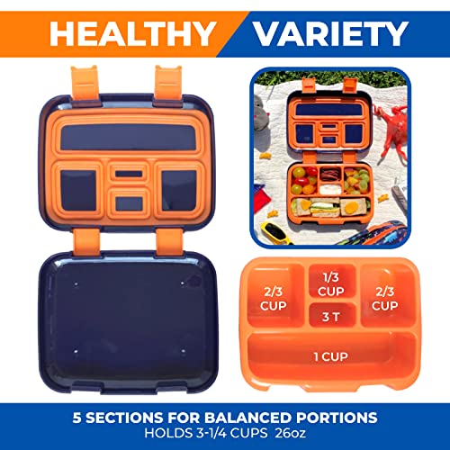 Dinosaur Bento Lunch Box for Boys Toddlers, 5 Portion Sections Secure Lid, Microwave Safe BPA Free Removable Plastic Tray, Pre-School Kid Daycare Lunches Snack Container Ages 3 to 7 Blue Orange