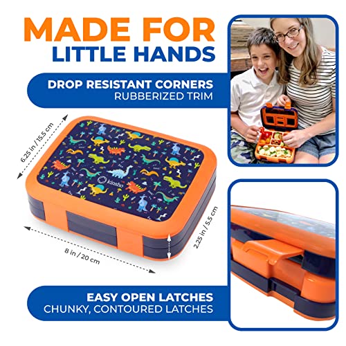 Dinosaur Bento Lunch Box for Boys Toddlers, 5 Portion Sections Secure Lid, Microwave Safe BPA Free Removable Plastic Tray, Pre-School Kid Daycare Lunches Snack Container Ages 3 to 7 Blue Orange