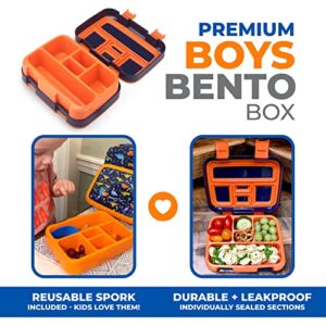 Dinosaur Bento Lunch Box for Boys Toddlers, 5 Portion Sections Secure Lid, Microwave Safe BPA Free Removable Plastic Tray, Pre-School Kid Daycare Lunches Snack Container Ages 3 to 7 Blue Orange