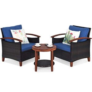 happygrill 3 pieces rattan furniture set outdoor patio conversation set wicker sofa set with cushion & acacia wood frame, table & chairs set for garden poolside balcony