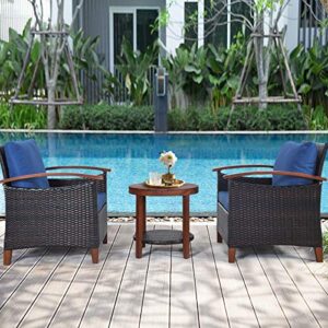 HAPPYGRILL 3 Pieces Rattan Furniture Set Outdoor Patio Conversation Set Wicker Sofa Set with Cushion & Acacia Wood Frame, Table & Chairs Set for Garden Poolside Balcony