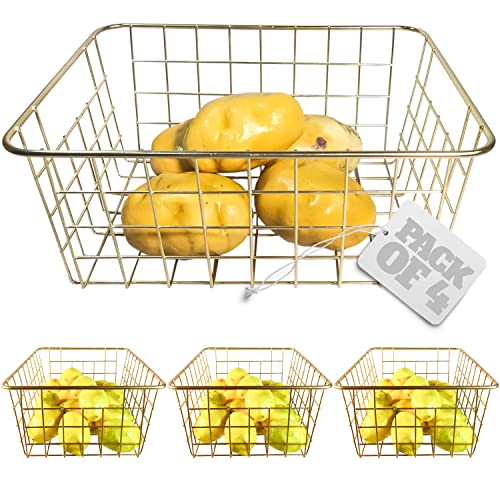 Vlish 4 Gold Wire Baskets - 4 Pack Storage Decor Crafts | Kitchen Bin Organizing Basket Set | Great for Closet, Laundry, Pantry Organization, Tables & Countertops, Office | Large & Small