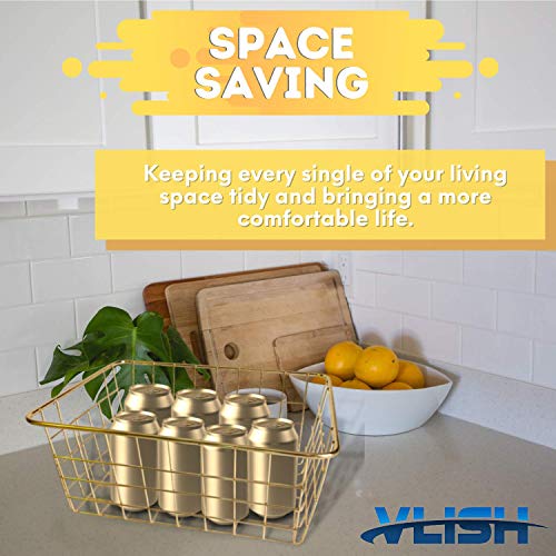 Vlish 4 Gold Wire Baskets - 4 Pack Storage Decor Crafts | Kitchen Bin Organizing Basket Set | Great for Closet, Laundry, Pantry Organization, Tables & Countertops, Office | Large & Small