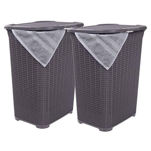 Designed Laundry Hamper with Lid, 2 Pack Plastic Laundry Hamper Basket, Purple Cloths Hamper Organizer with Cut-out Handles. Space Saving for Laundry Room Bedroom Bathroom, Knit Design 50 Liter.