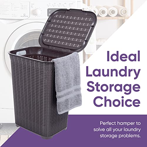 Designed Laundry Hamper with Lid, 2 Pack Plastic Laundry Hamper Basket, Purple Cloths Hamper Organizer with Cut-out Handles. Space Saving for Laundry Room Bedroom Bathroom, Knit Design 50 Liter.