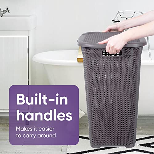 Designed Laundry Hamper with Lid, 2 Pack Plastic Laundry Hamper Basket, Purple Cloths Hamper Organizer with Cut-out Handles. Space Saving for Laundry Room Bedroom Bathroom, Knit Design 50 Liter.