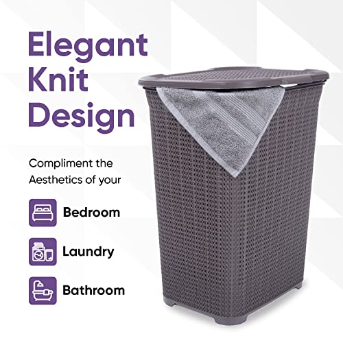 Designed Laundry Hamper with Lid, 2 Pack Plastic Laundry Hamper Basket, Purple Cloths Hamper Organizer with Cut-out Handles. Space Saving for Laundry Room Bedroom Bathroom, Knit Design 50 Liter.