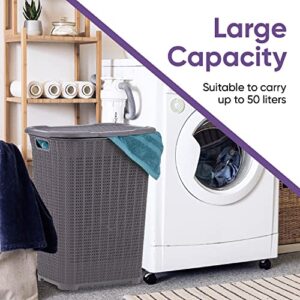 Designed Laundry Hamper with Lid, 2 Pack Plastic Laundry Hamper Basket, Purple Cloths Hamper Organizer with Cut-out Handles. Space Saving for Laundry Room Bedroom Bathroom, Knit Design 50 Liter.