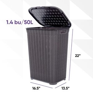 Designed Laundry Hamper with Lid, 2 Pack Plastic Laundry Hamper Basket, Purple Cloths Hamper Organizer with Cut-out Handles. Space Saving for Laundry Room Bedroom Bathroom, Knit Design 50 Liter.