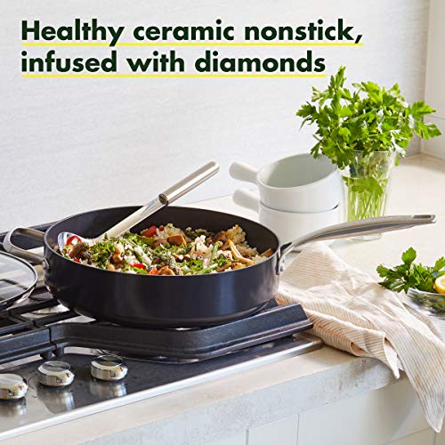 GreenPan SearSmart Hard Anodized Healthy Ceramic Nonstick, 5QT Saute Pan Jumbo Cooker with Helper Handle and Lid, PFAS-Free, Textured Surface, Dishwasher Safe, Black