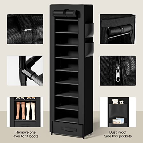 OYREL Shoes Rack,10 Tier Tall Shoe Rack - Narrow Shoe Rack with Storage Box,Fabric Covered Shoe Rack,Metal Shoe Rack Organizer,Shoe Racks for Closets,Shoe Stand,Shoe Shelf Storage,17.7"L 11.8"W 68.9"H