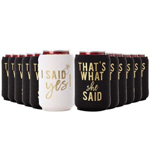 i said yes and that's what she said bachelorette party can coolers, set of 12 beer can coolies, perfect bachelorette party decorations and bridesmaid gifts (black)